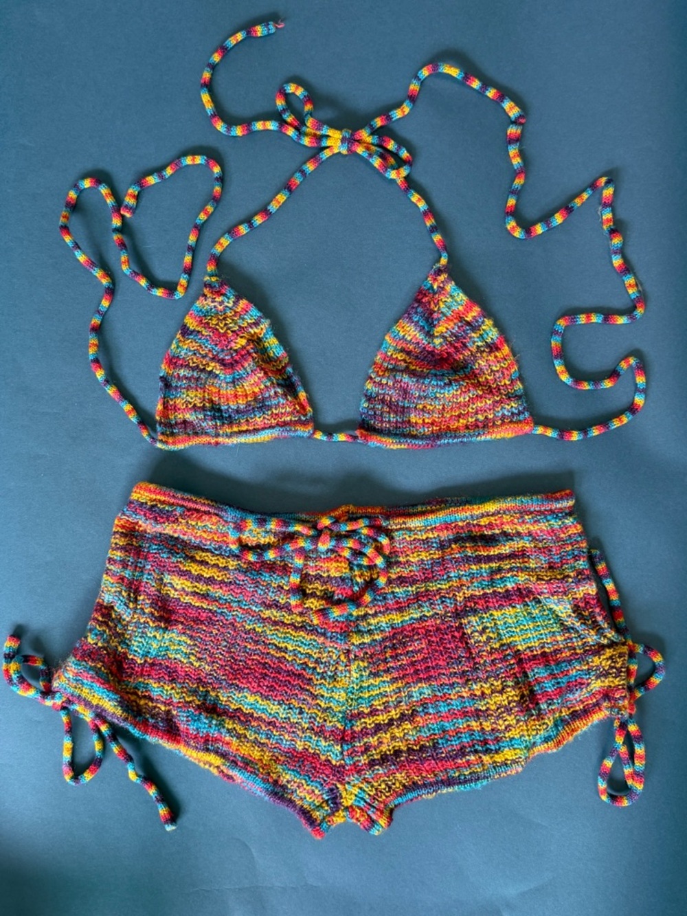 DollsKill Club Exx Multicolor Mohair Knit Triangle Top and Shorts